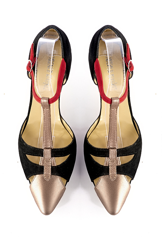 Tan beige, matt black and cardinal red women's T-strap open side shoes. Tapered toe. High slim heel. Top view - Florence KOOIJMAN